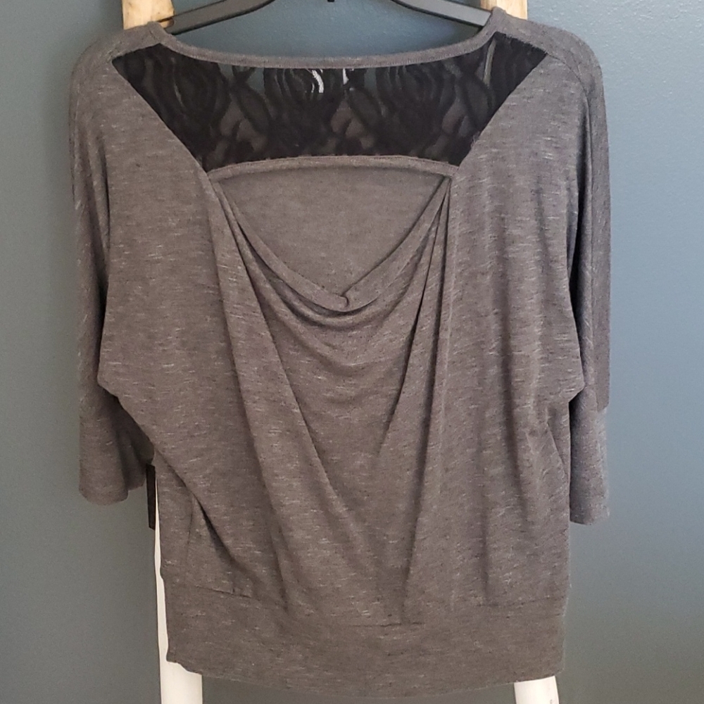 Iz Byer gray dolman sleeve top with a black lace back detail. NWT Small